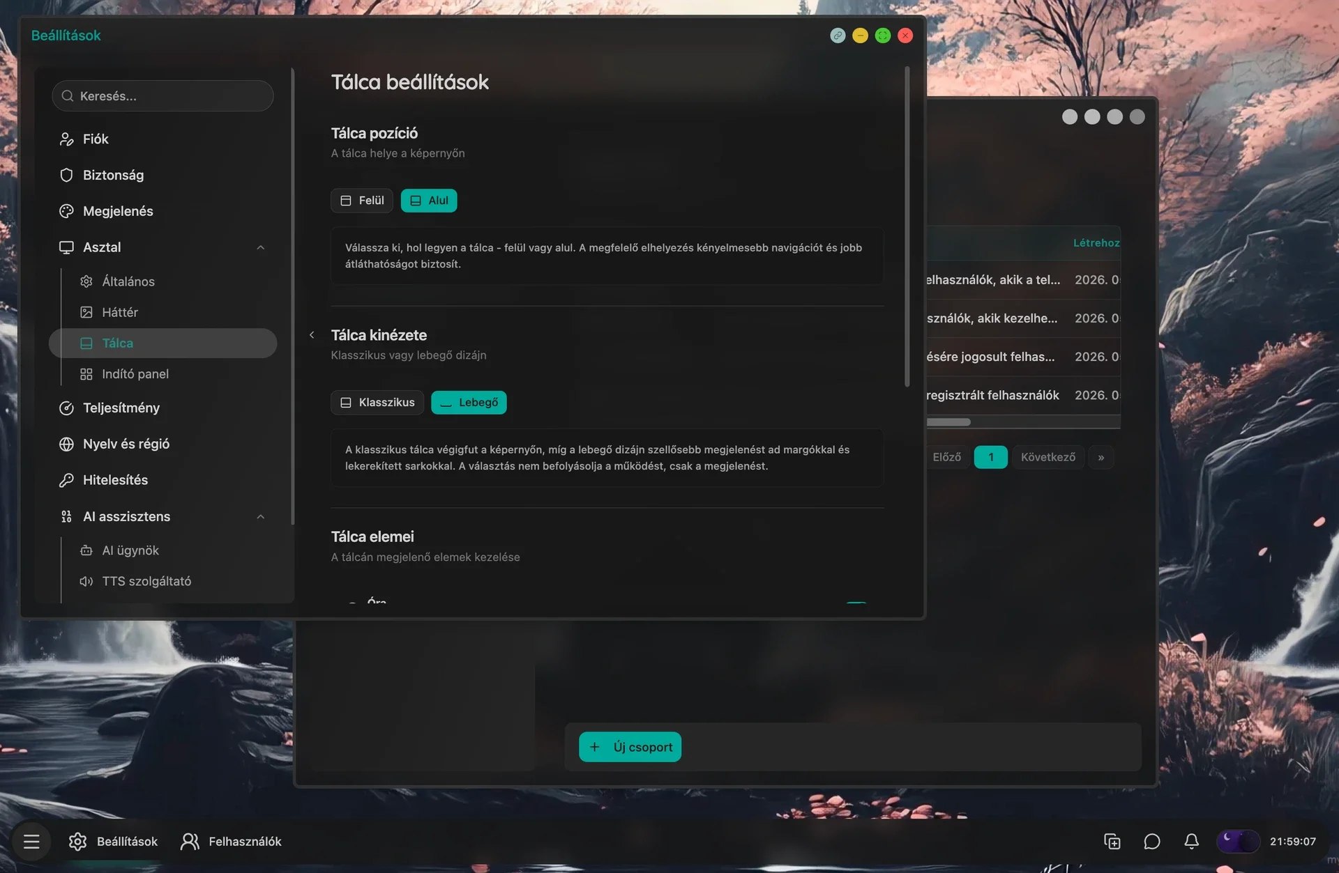 The desktop with the Settings window and the taskbar