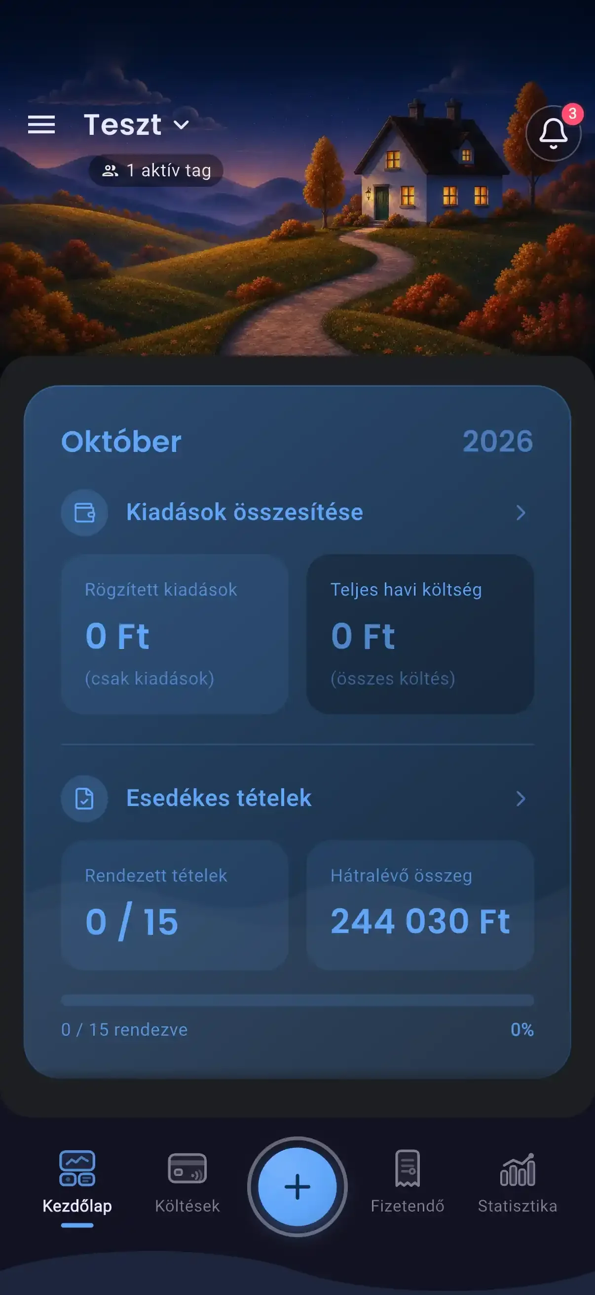Home screen with the monthly summary and upcoming bills