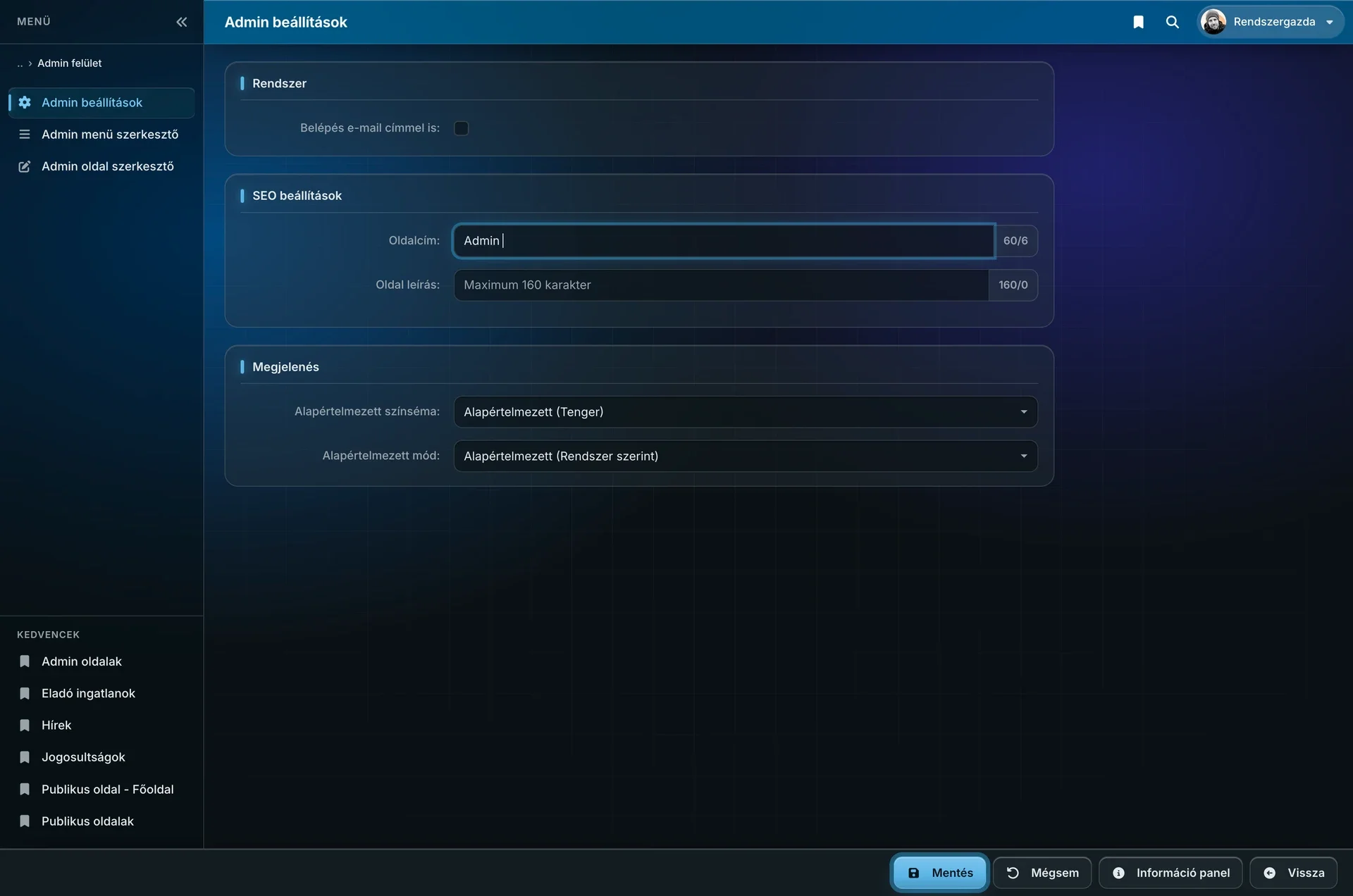 Admin settings: system, SEO and appearance
