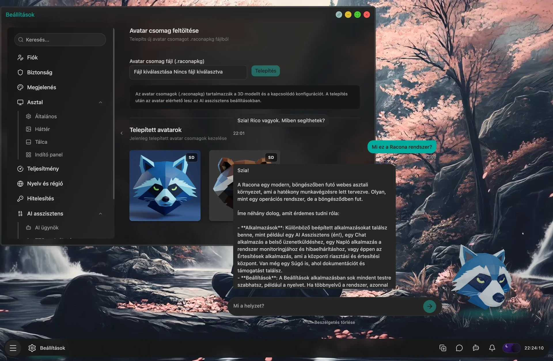 The AI assistant with its raccoon avatar and a conversation