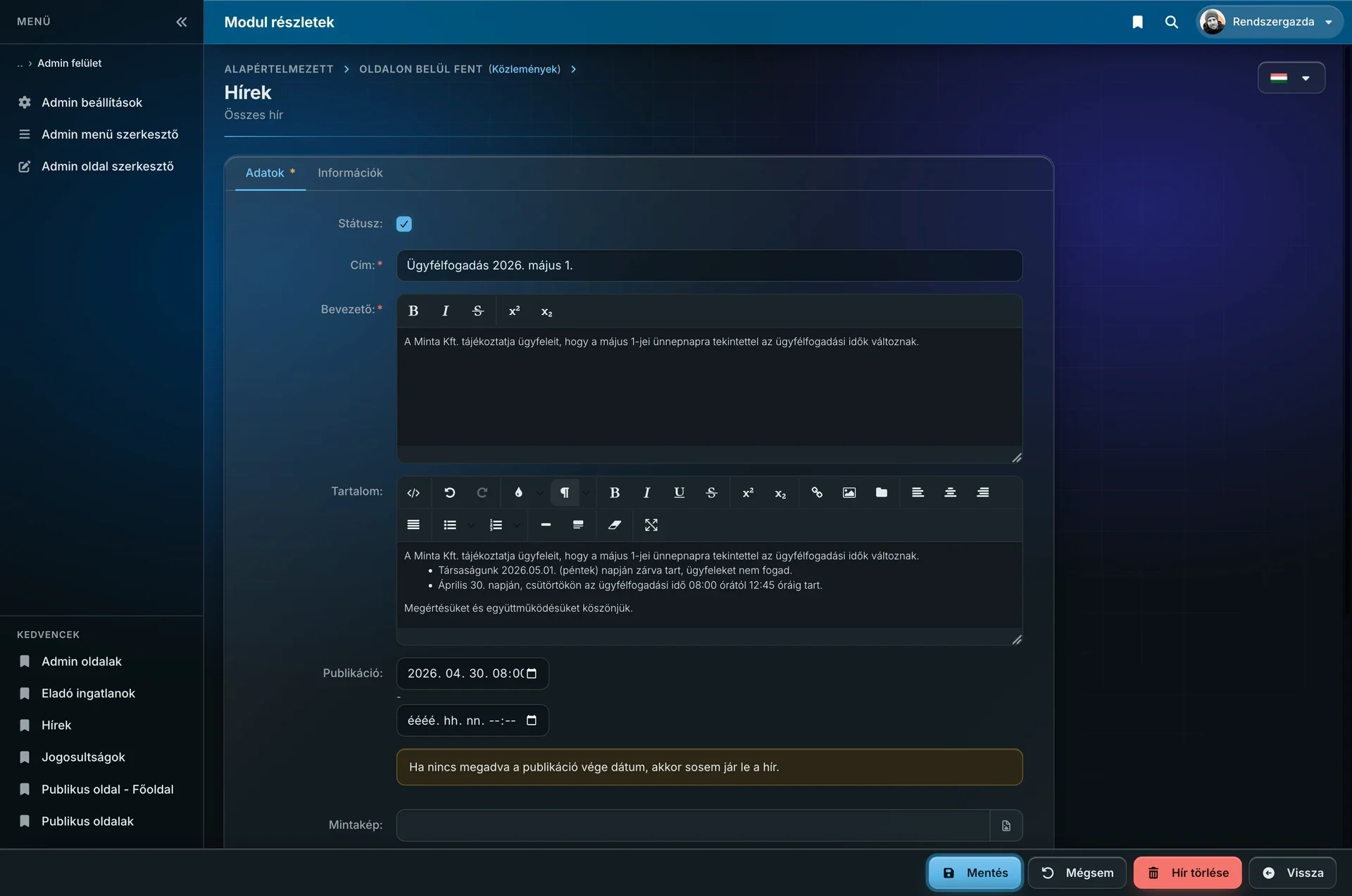 Editing a news item in the News module