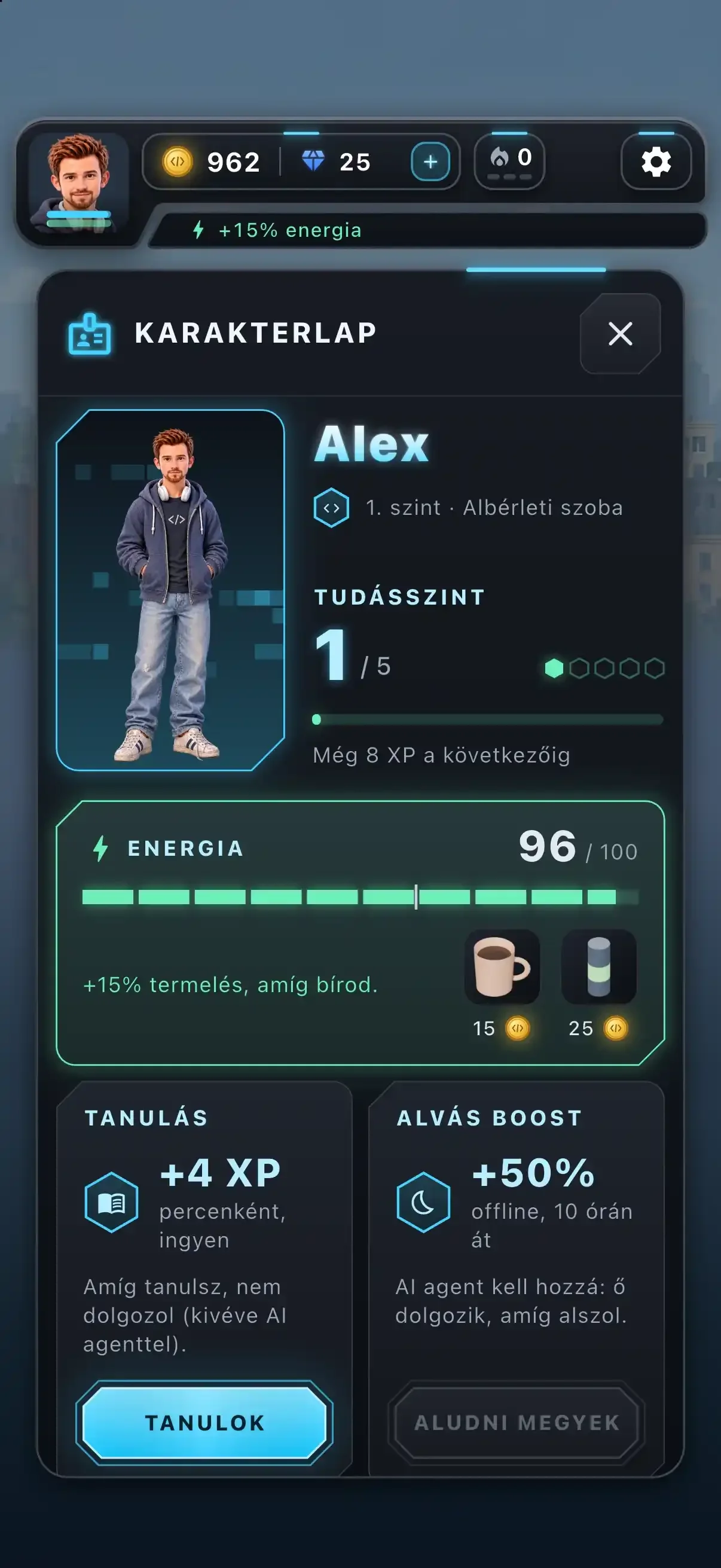 Character sheet with skill level and energy