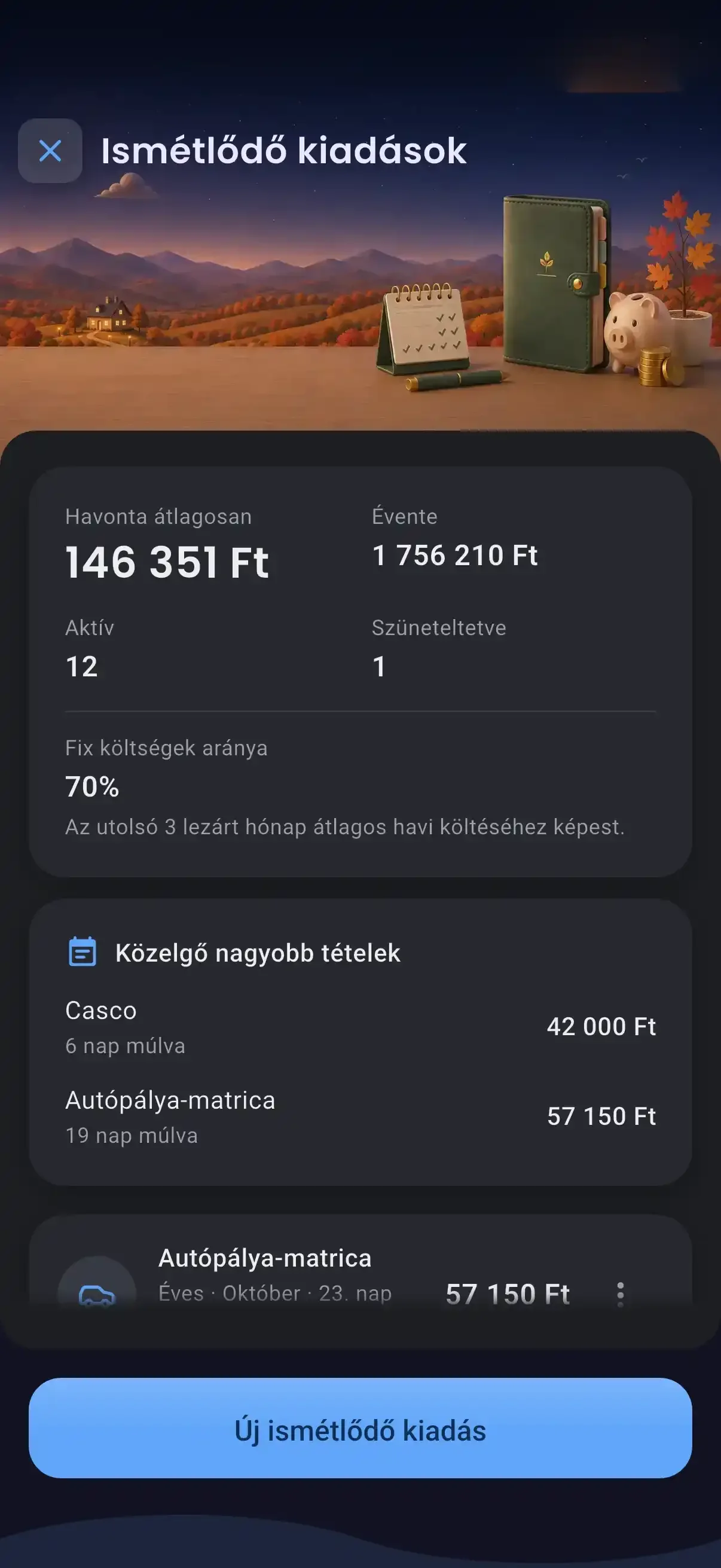 Recurring expenses with the monthly average and upcoming larger items